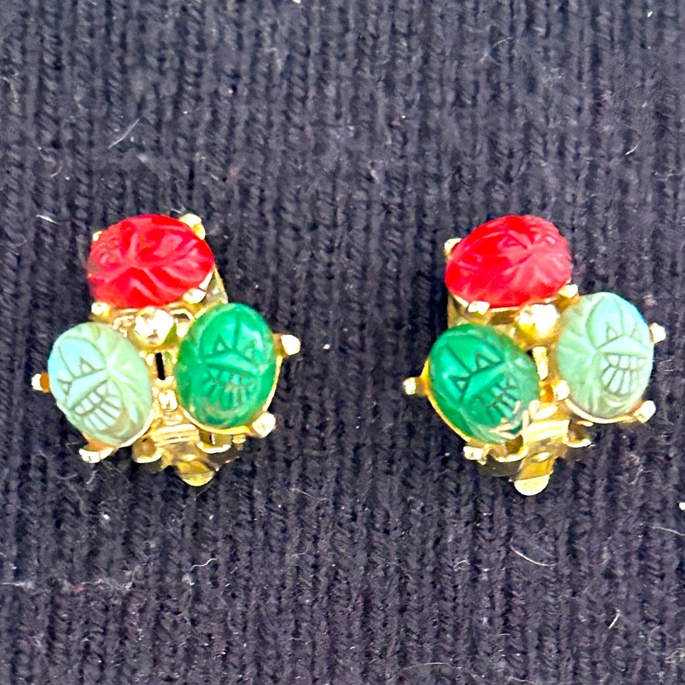 Vintage Scarab Clip-On Earrings, Gold-Tone marked "PAT. PEND"